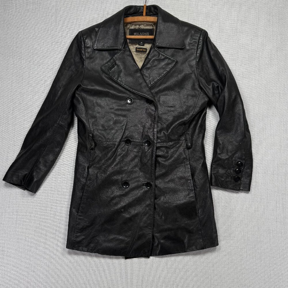 Y2K Wilsons Leather Pelle Studio Leather Trench Coat Double Breasted Size M